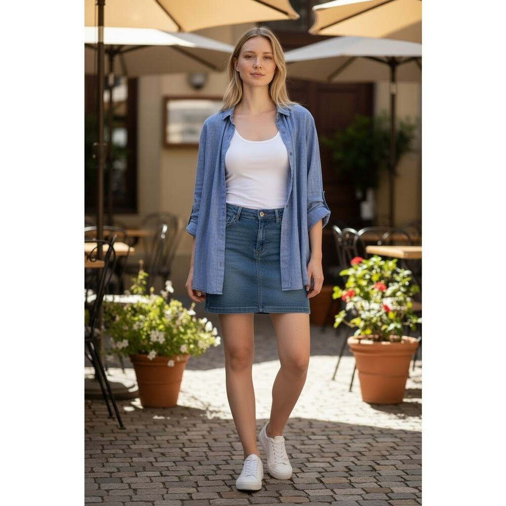 Eileen Fisher Chambray 100% Organic Linen Blue Shirt size Large